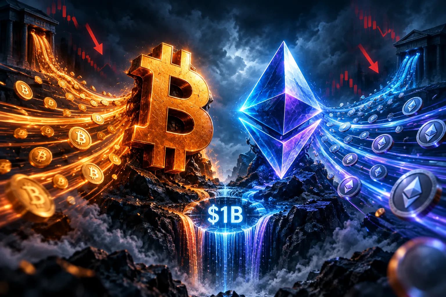 Bitcoin and Ether ETF Outflows Near $1B
